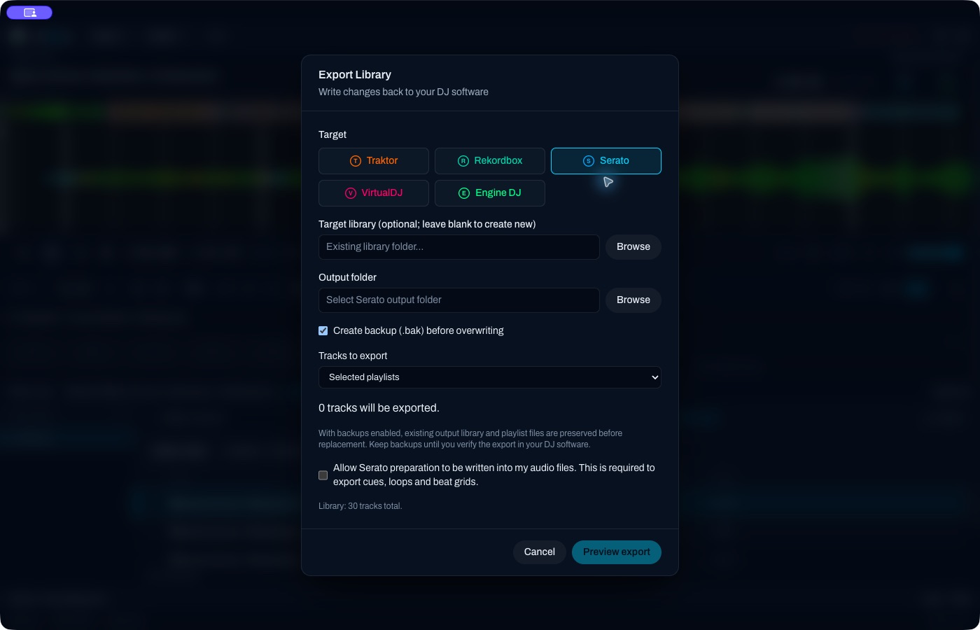 The Serato export form with scope showing a zero-track playlist scope and the audio-tag consent checkbox unchecked